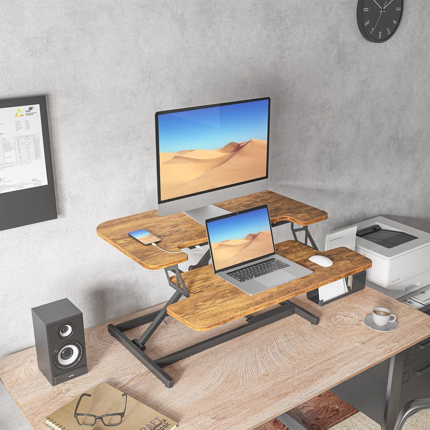 28” Height Adjustable Standing Desk Converter with USB Charging Port, Quick Sit to Stand Tabletop Dual Monitor, Stand up Desk Riser for Home Office, Rustic Brown