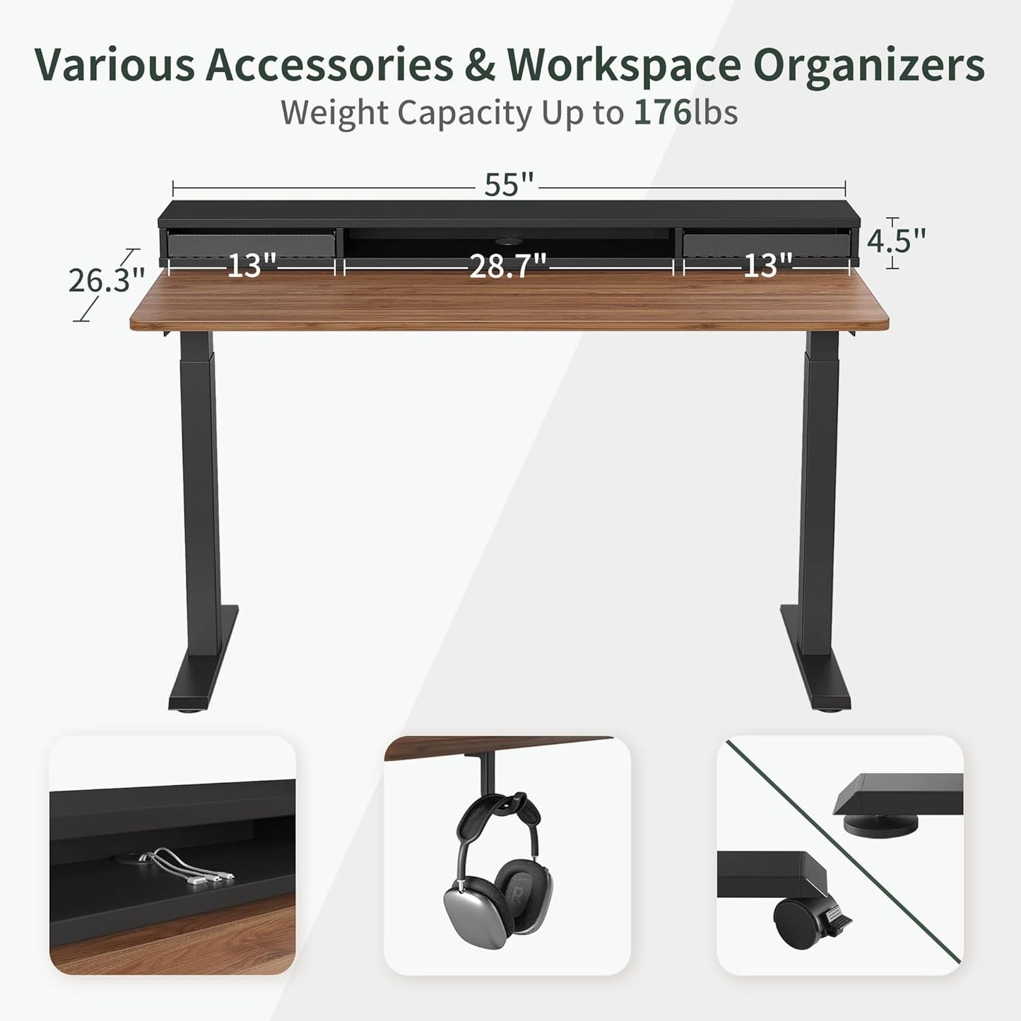 55 X 24 Inch Height Adjustable Electric Standing Desk with Double Drawers, Stand up Desk with LED Strips and Monitor Stand, Black Walnut