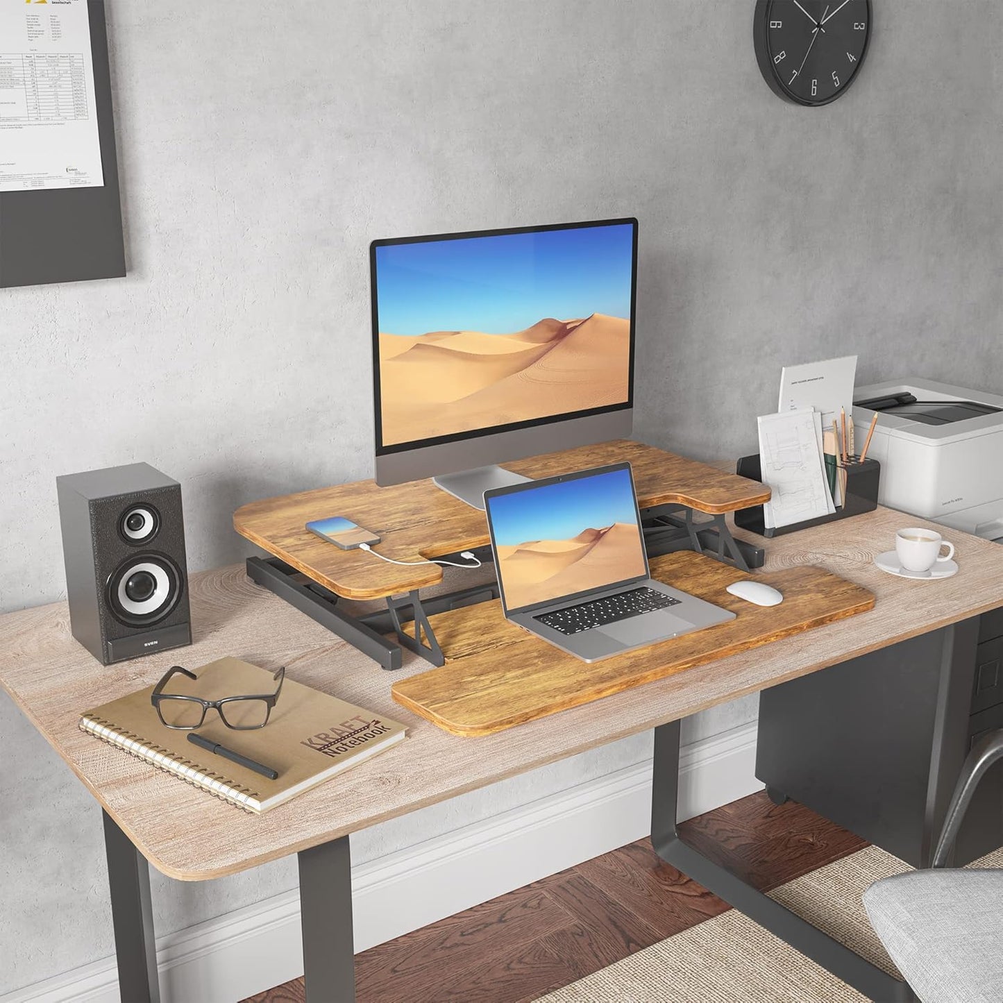 28” Height Adjustable Standing Desk Converter with USB Charging Port, Quick Sit to Stand Tabletop Dual Monitor, Stand up Desk Riser for Home Office, Rustic Brown
