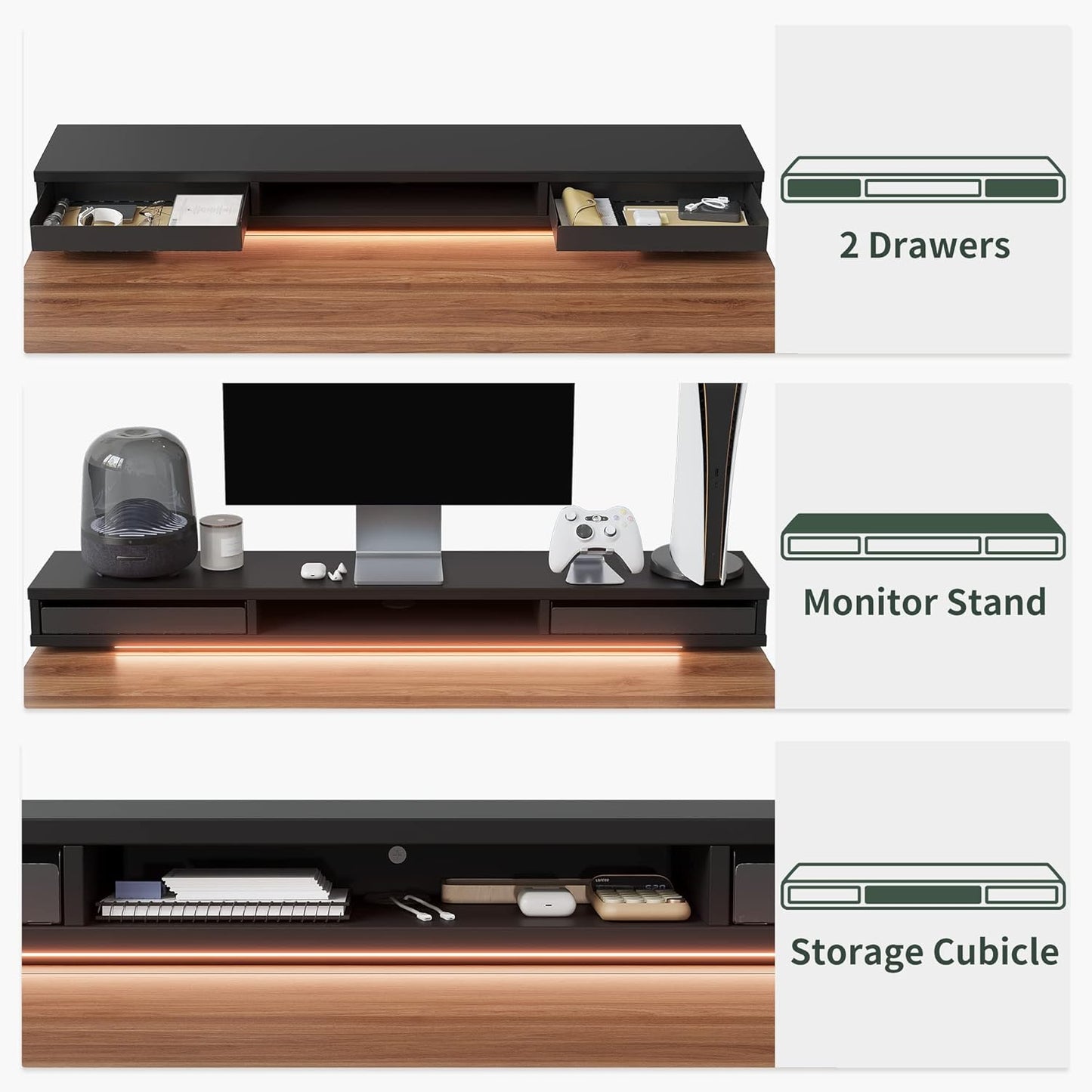 55 X 24 Inch Height Adjustable Electric Standing Desk with Double Drawers, Stand up Desk with LED Strips and Monitor Stand, Black Walnut