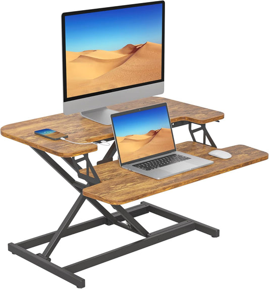 28” Height Adjustable Standing Desk Converter with USB Charging Port, Quick Sit to Stand Tabletop Dual Monitor, Stand up Desk Riser for Home Office, Rustic Brown