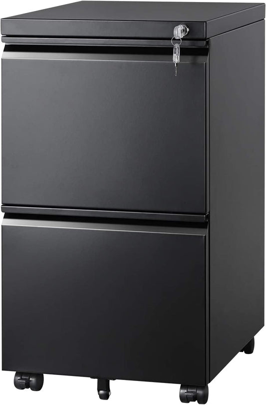 2 Drawer Metal File Cabinet, Fully Assembled, under Desk, Black, Lock, Fits Letter/Legal/A4 Size Files