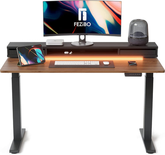 55 X 24 Inch Height Adjustable Electric Standing Desk with Double Drawers, Stand up Desk with LED Strips and Monitor Stand, Black Walnut