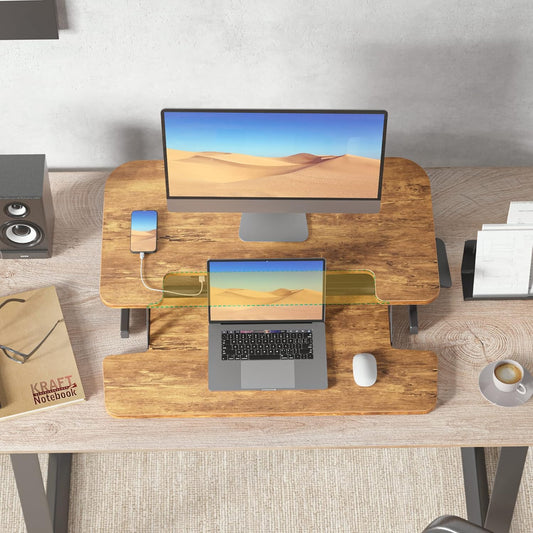 28” Height Adjustable Standing Desk Converter with USB Charging Port, Quick Sit to Stand Tabletop Dual Monitor, Stand up Desk Riser for Home Office, Rustic Brown